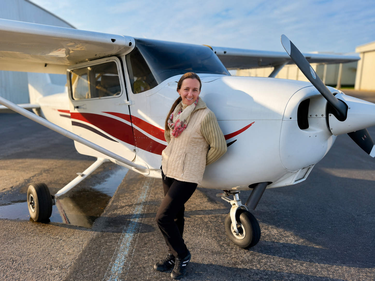 Flight instruction visual showing a pilot beside a small aircraft on the ramp